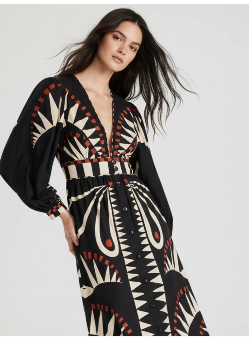 Outzidr  Black Placement Tribal Print Shirt Maxi Dress for Women | Best Price UAE